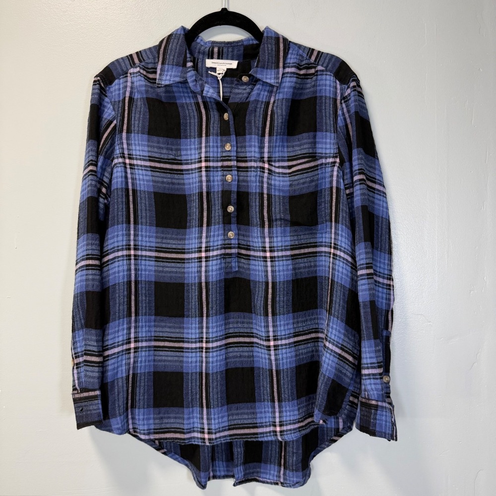 Beachlunchlounge Womens Drew Plaid Henley Shirt Dark Lilac L LCT3019 New